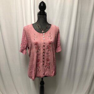 Flower Brand Blouse Womens Free Size Medium Embroidered Pink Cottagecore Boho
